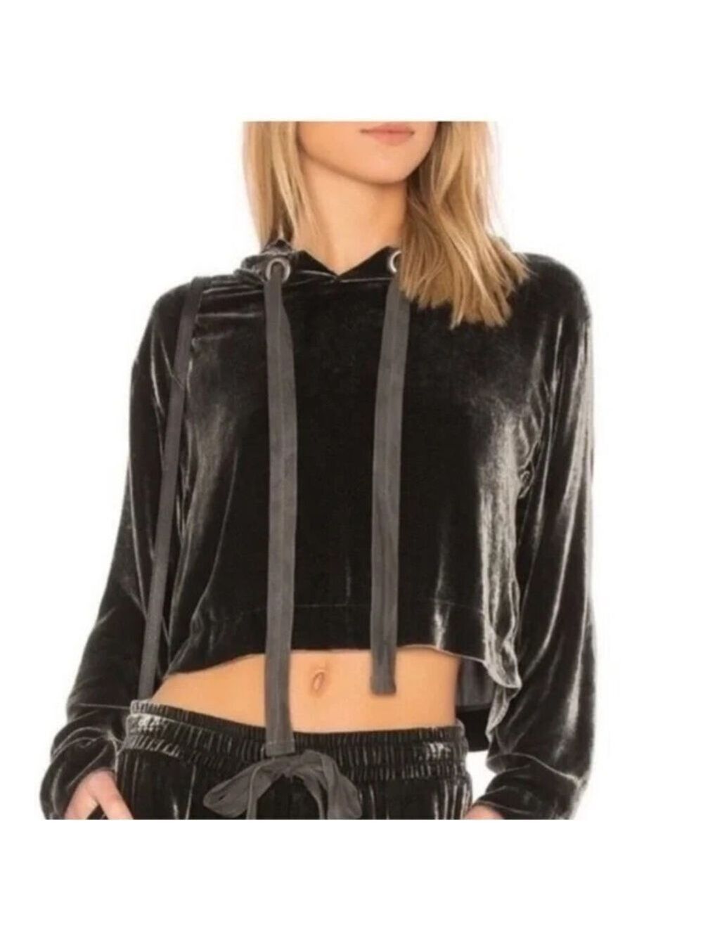 Cloth & Stone Blue Black Crushed Velvet Cropped Hoodie Size Medium